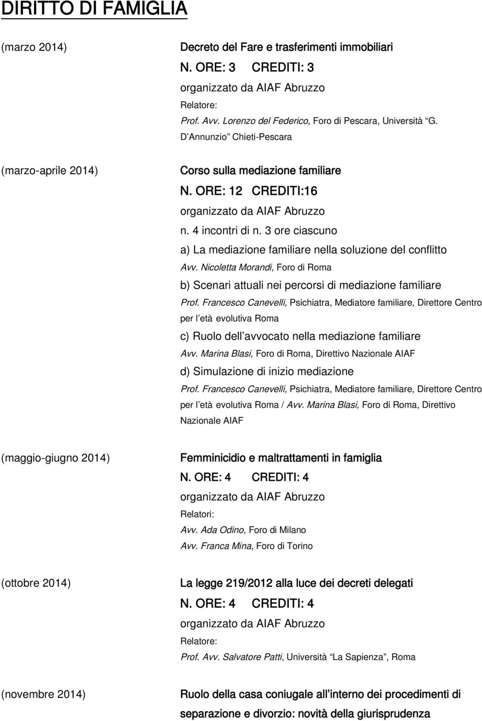 3 ore ciascuno a) La mediazione familiare nella soluzione del conflitto Avv. Nicoletta Morandi, Foro di Roma b) Scenari attuali nei percorsi di mediazione familiare Prof.