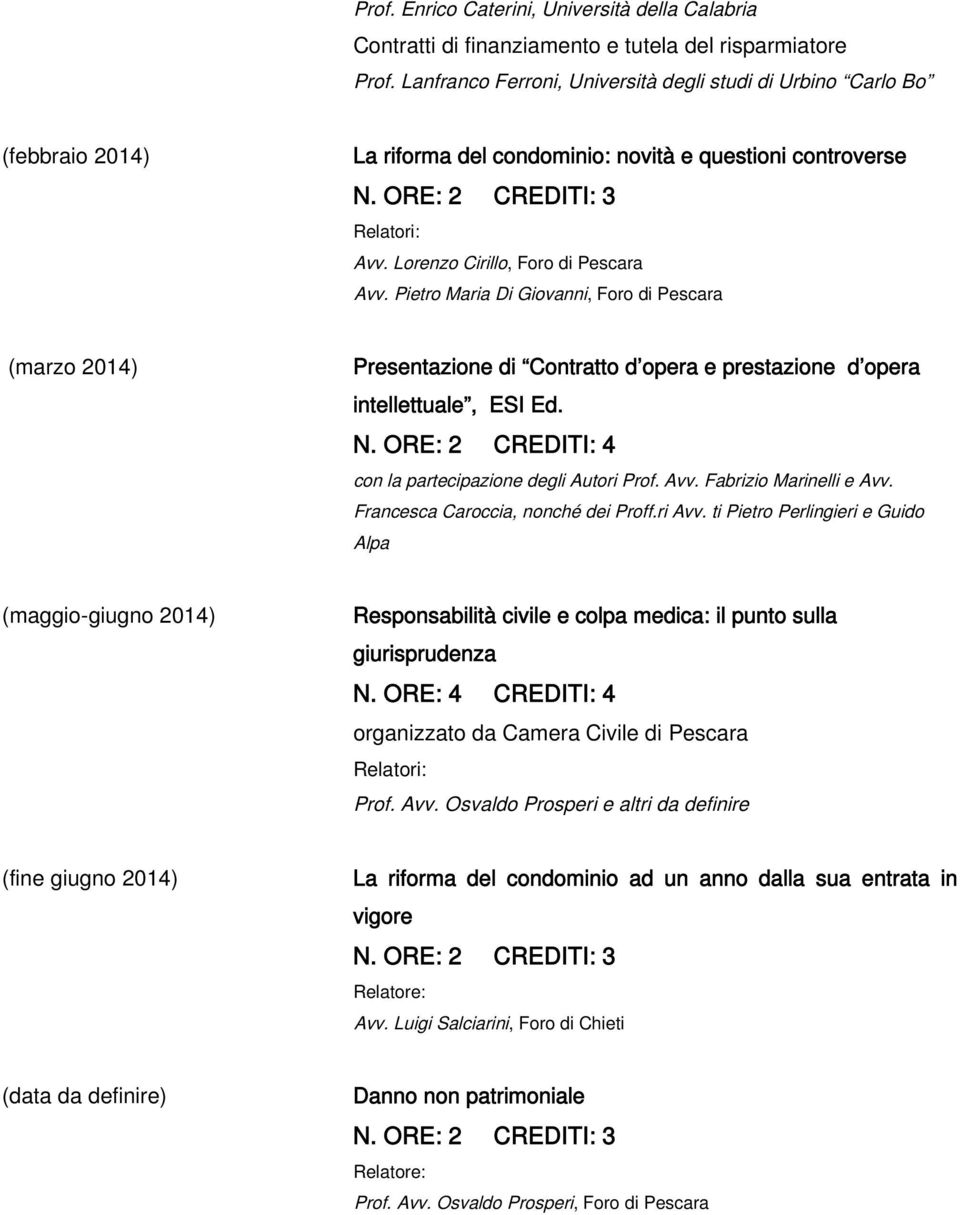 Pietro Maria Di Giovanni, Foro di Pescara (marzo 2014) Presentazione di Contratto d opera e prestazione d opera intellettuale, ESI Ed. N. ORE: 2 CREDITI: 4 con la partecipazione degli Autori Prof.