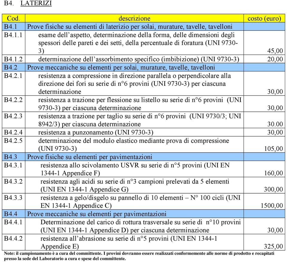 2.2 resistenza a trazione per flessione su listello su serie di n 6 provini (UNI 9730-3) per ciascuna determinazione 30,00 B4.2.3 resistenza a trazione per taglio su serie di n 6 provini (UNI 9730/3; UNI 8942/3) per ciascuna determinazione 30.