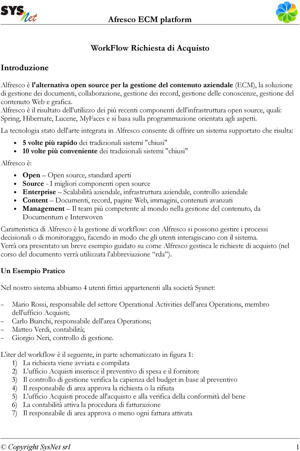 Alfresco è il risultato dell'utilizzo dei più recenti componenti dell'infrastruttura open source, quali: Spring, Hibernate, Lucene, MyFaces e si basa sulla programmazione orientata agli aspetti.