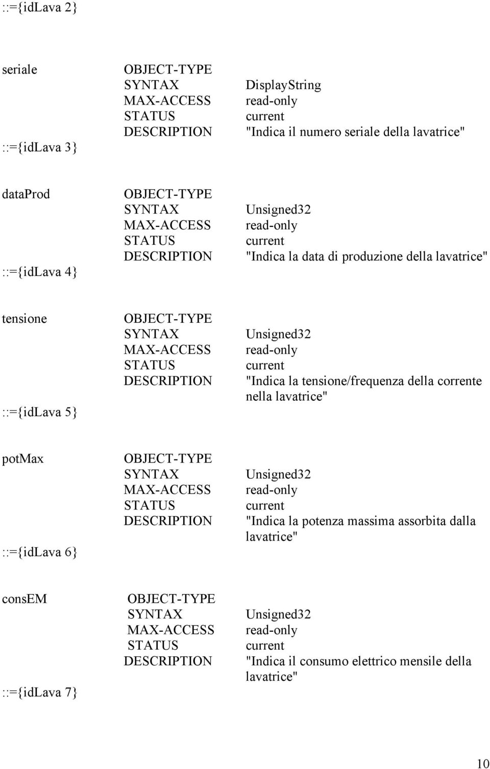 "Indica la tensione/frequenza della corrente nella lavatrice" potmax ::={idlava 6} "Indica la