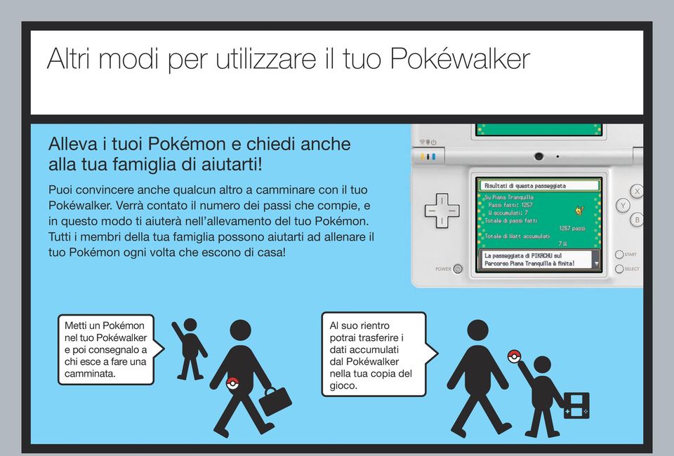 Verrà contato il numero dei passi che compie, e in questo modo ti aiuterà nell allevamento del tuo Pokémon.