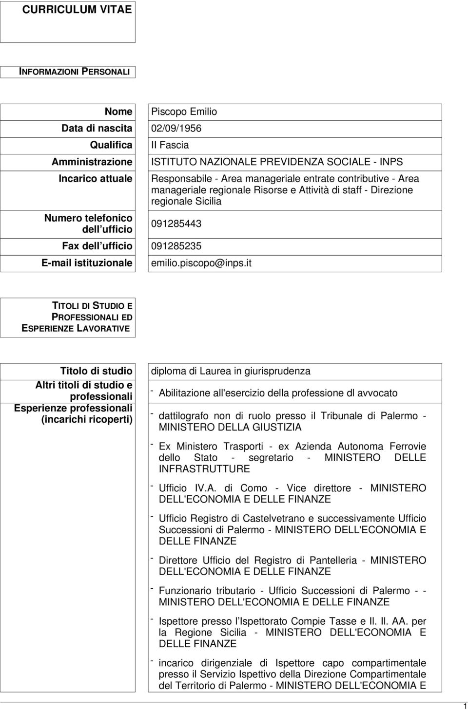 it TITOLI DI STUDIO E PROFESSIONALI ED ESPERIENZE LAVORATIVE Titolo di studio Altri titoli di studio e professionali Esperienze professionali (incarichi ricoperti) diploma di Laurea in giurisprudenza