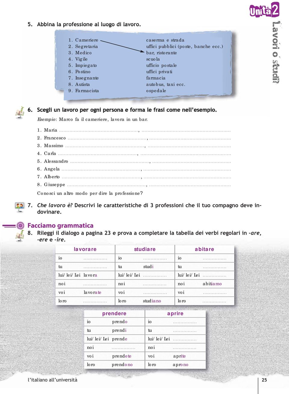 Esempio: Marco fa il cameriere, lavora in un bar. 1. Maria...,... 2. Francesco...,... 3. Massimo...,... 4. Carla...,... 5. Alessandro...,... 6. Angela...,... 7. Alberto...,... 8. Giuseppe...,... Conosci un altro modo per dire la professione?