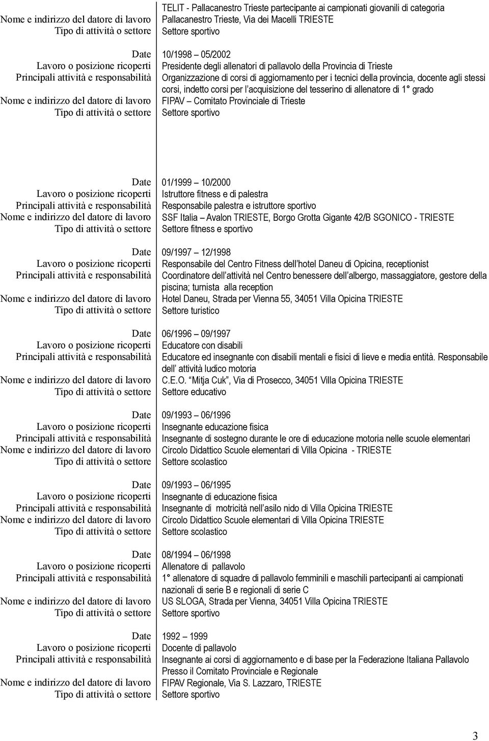 aggiornamento per i tecnici della provincia, docente agli stessi corsi, indetto corsi per l acquisizione del tesserino di allenatore di 1 grado Nome e indirizzo del datore di lavoro FIPAV Comitato