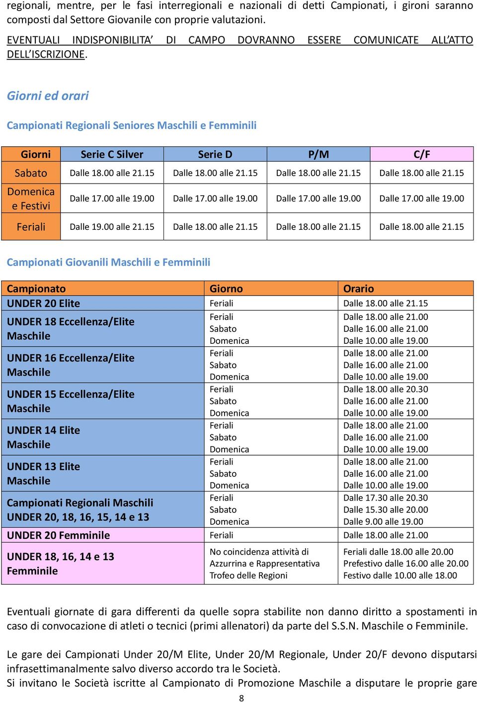 Giorni ed orari Campionati Regionali Seniores Maschili e Femminili Giorni Serie C Silver Serie D P/M C/F Sabato Dalle 18.00 alle 21.15 Dalle 18.00 alle 21.15 Dalle 18.00 alle 21.15 Dalle 18.00 alle 21.15 Domenica e Festivi Dalle 17.