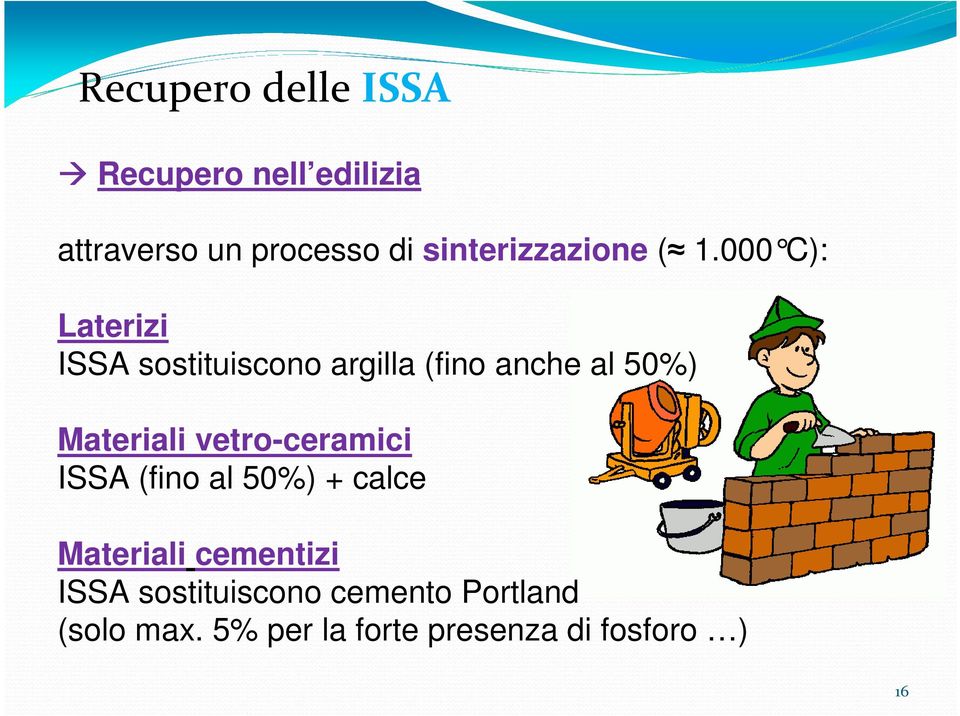 000 C): Laterizi ISSA sostituiscono argilla (fino anche al 50%) Materiali
