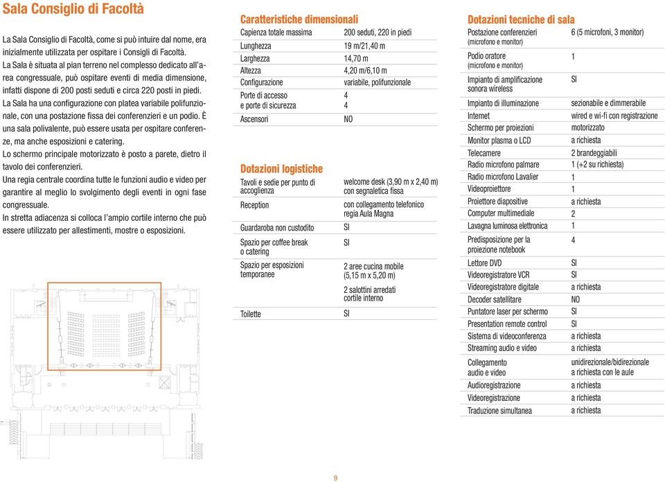 La Sala ha una configurazione con platea variabile polifunzionale, con una postazione fissa dei conferenzieri e un podio.