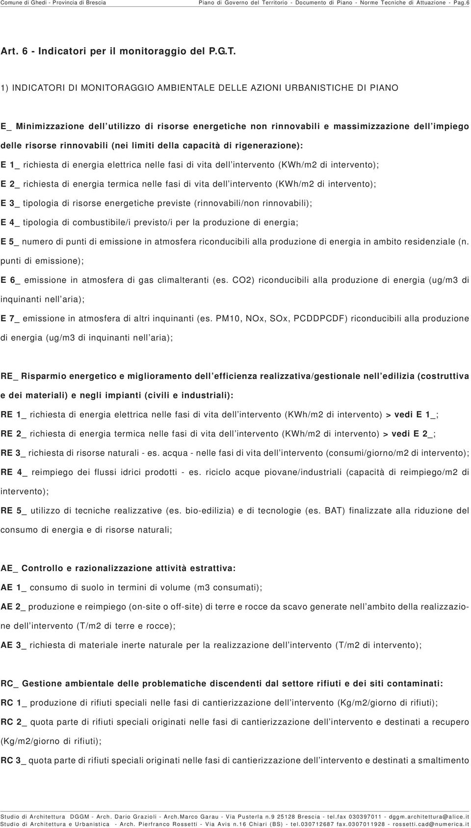 cniche di Attuazione - Pag.6 Art. 6 - Indicatori per il monitoraggio del P.G.T.