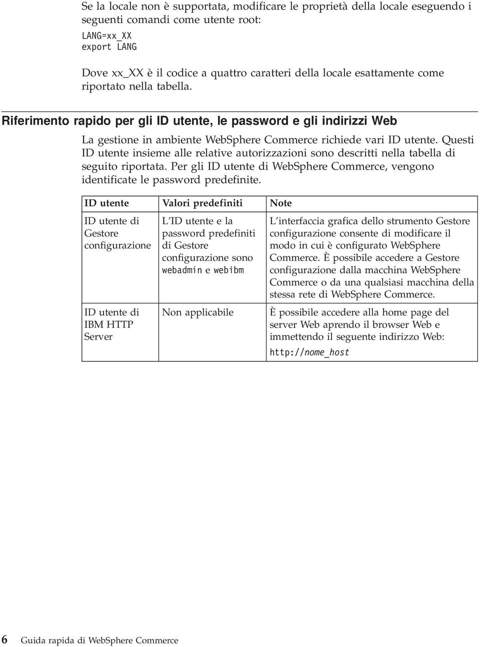 Questi ID utente insieme alle relative autorizzazioni sono descritti nella tabella di seguito riportata. Per gli ID utente di WebSphere Commerce, vengono identificate le password predefinite.