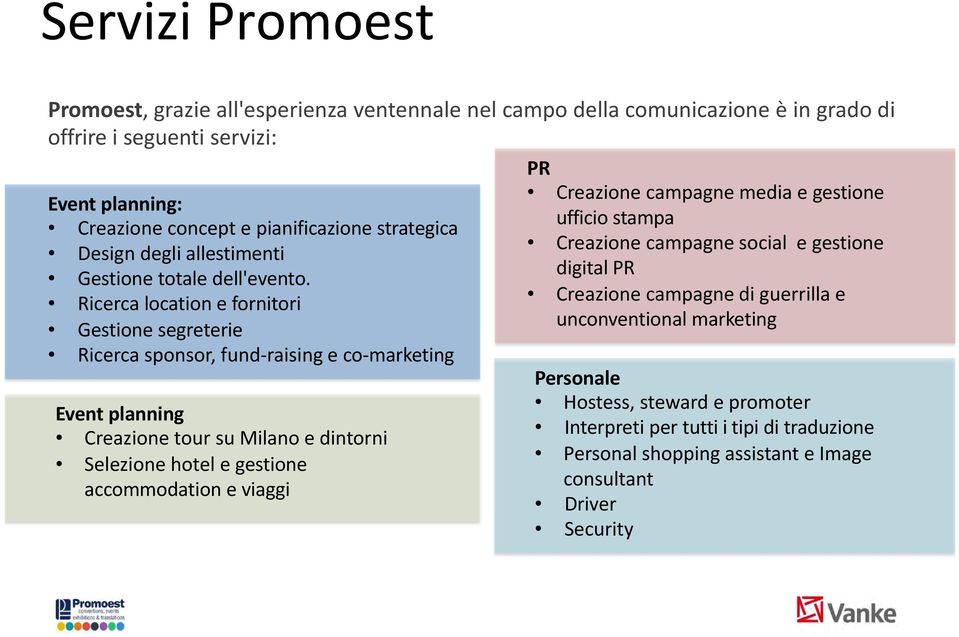 Ricerca location e fornitori Gestione segreterie Ricerca sponsor, fund-raising e co-marketing Event planning Creazione tour su Milano e dintorni Selezione hotel e gestione accommodation