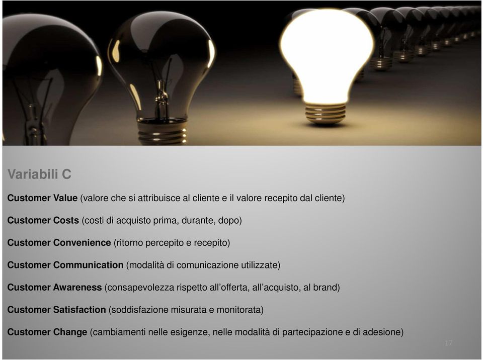 comunicazione utilizzate) Customer Awareness (consapevolezza rispetto all offerta, all acquisto, al brand) Customer