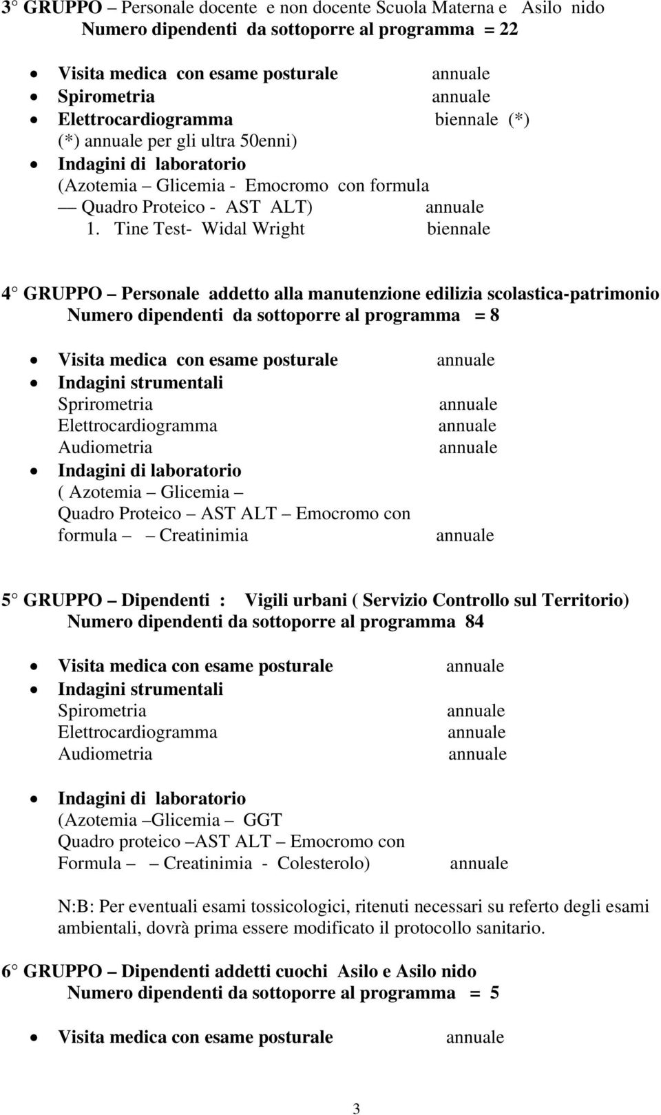 Tine Test- Widal Wright biennale 4 GRUPPO Personale addetto alla manutenzione edilizia scolastica-patrimonio Numero dipendenti da sottoporre al programma = 8 Visita medica con esame posturale