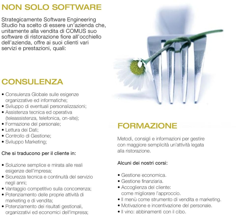 (teleassistenza, telefonica, on-site); Formazione del personale; Lettura dei Dati; Controllo di Gestione; Sviluppo Marketing; Che si traducono per il cliente in: Soluzione semplice e mirata alle