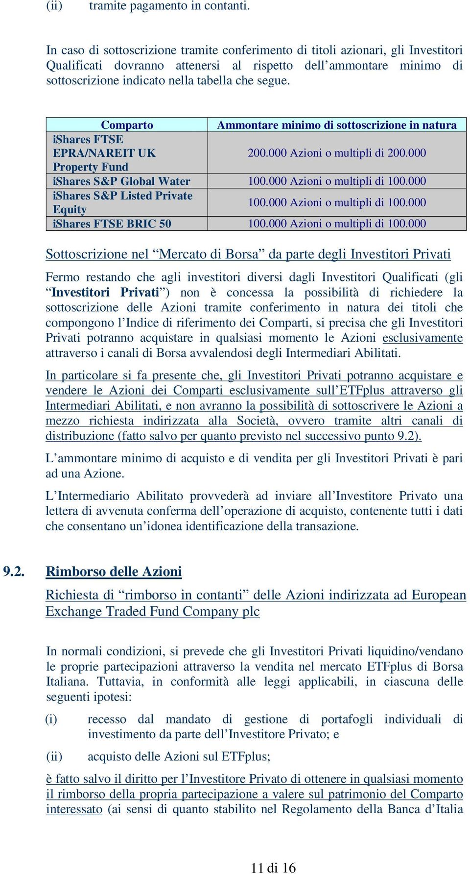 Comparto Ammontare minimo di sottoscrizione in natura ishares FTSE EPRA/NAREIT UK 200.000 Azioni o multipli di 200.000 Property Fund ishares S&P Global Water 100.000 Azioni o multipli di 100.