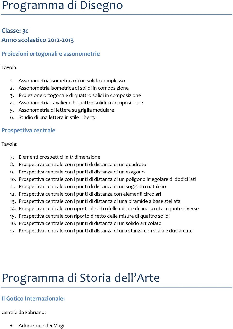 Assonometria di lettere su griglia modulare 6. Studio di una lettera in stile Liberty Prospettiva centrale Tavola: 7. Elementi prospettici in tridimensione 8.