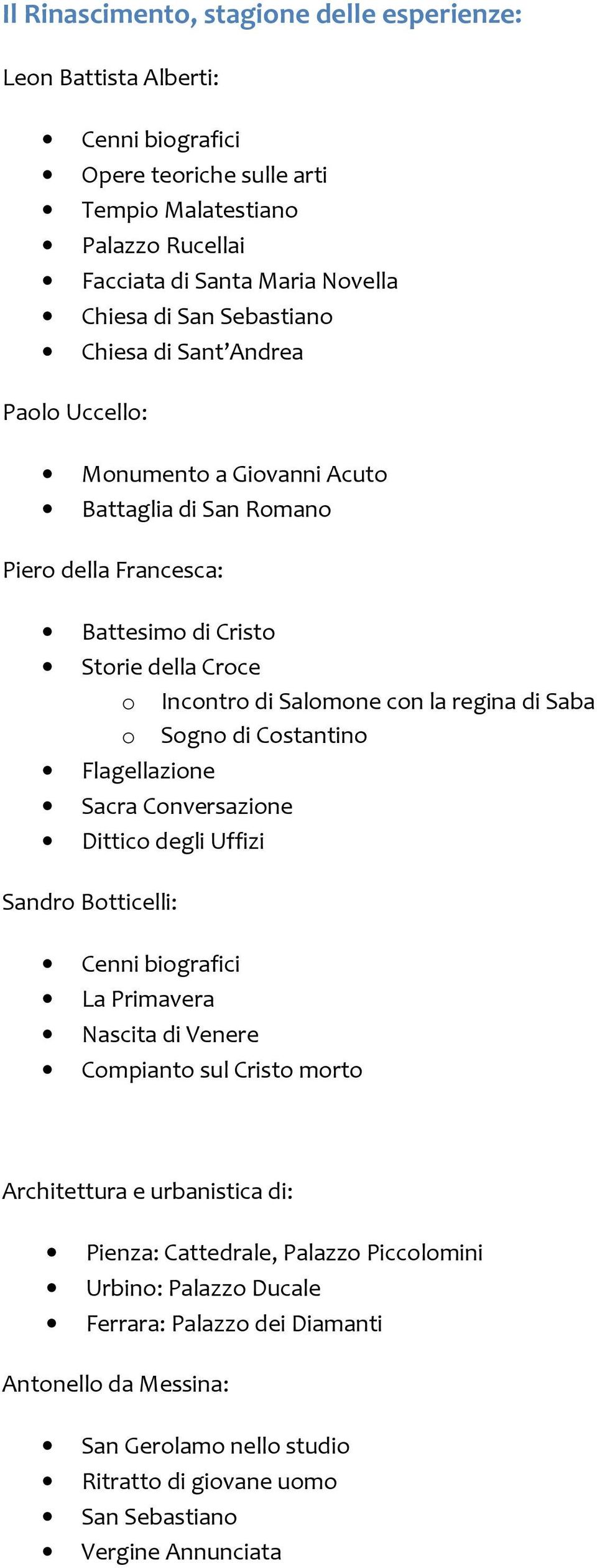 di Saba o Sogno di Costantino Flagellazione Sacra Conversazione Dittico degli Uffizi Sandro Botticelli: Cenni biografici La Primavera Nascita di Venere Compianto sul Cristo morto Architettura e