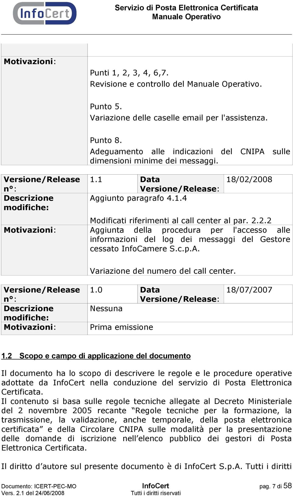 2.2.2 Aggiunta della procedura per l'accesso alle informazioni del log dei messaggi del Gestore cessato InfoCamere S.c.p.A. Variazione del numero del call center.