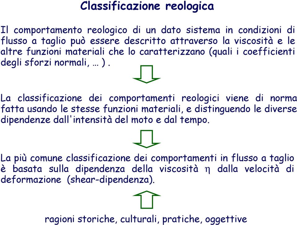 La classificazione dei comporameni reologici viene di norma faa usando le sesse funzioni maeriali, e disinguendo le diverse dipendenze dall'inensià