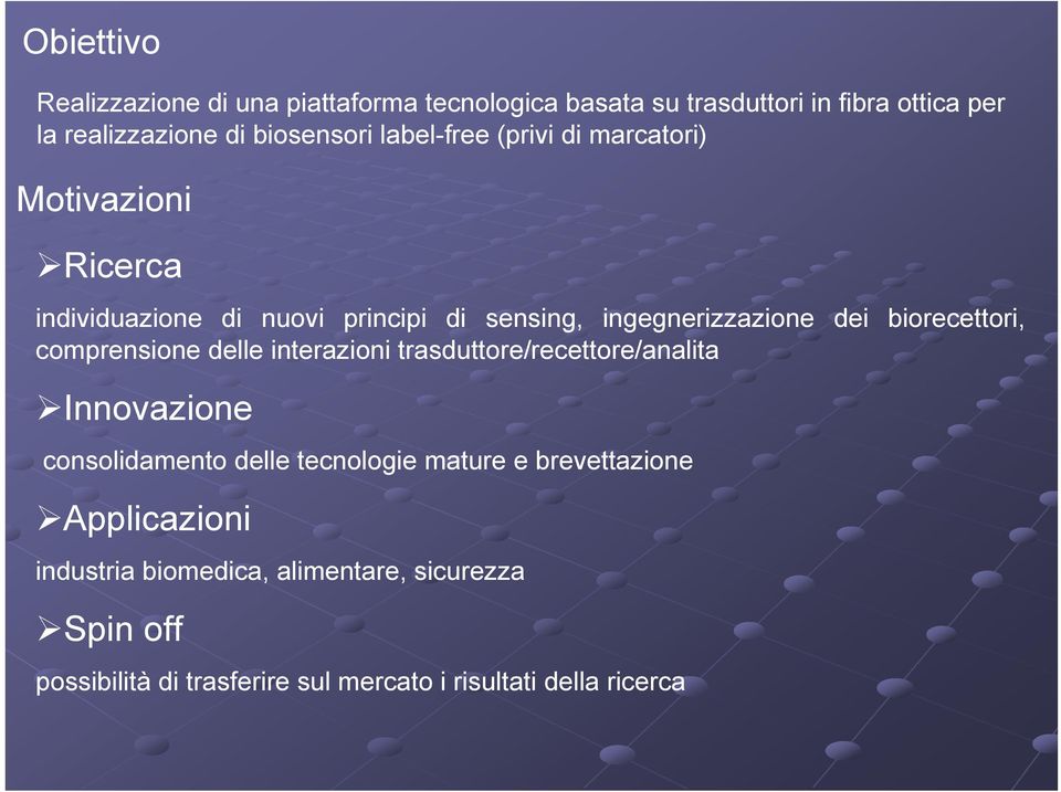 biorecettori, comprensione delle interazioni trasduttore/recettore/analita Innovazione consolidamento delle tecnologie mature e