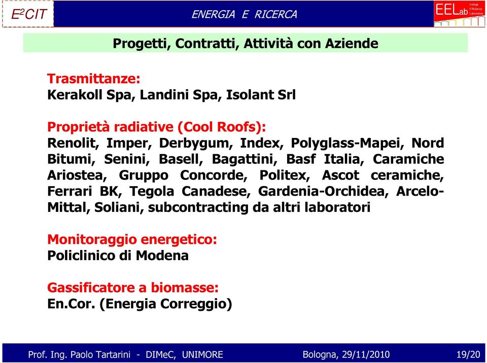 ceramiche, Ferrari BK, Tegola Canadese, Gardenia-Orchidea, Arcelo- Mittal, Soliani, subcontracting da altri laboratori Monitoraggio energetico: