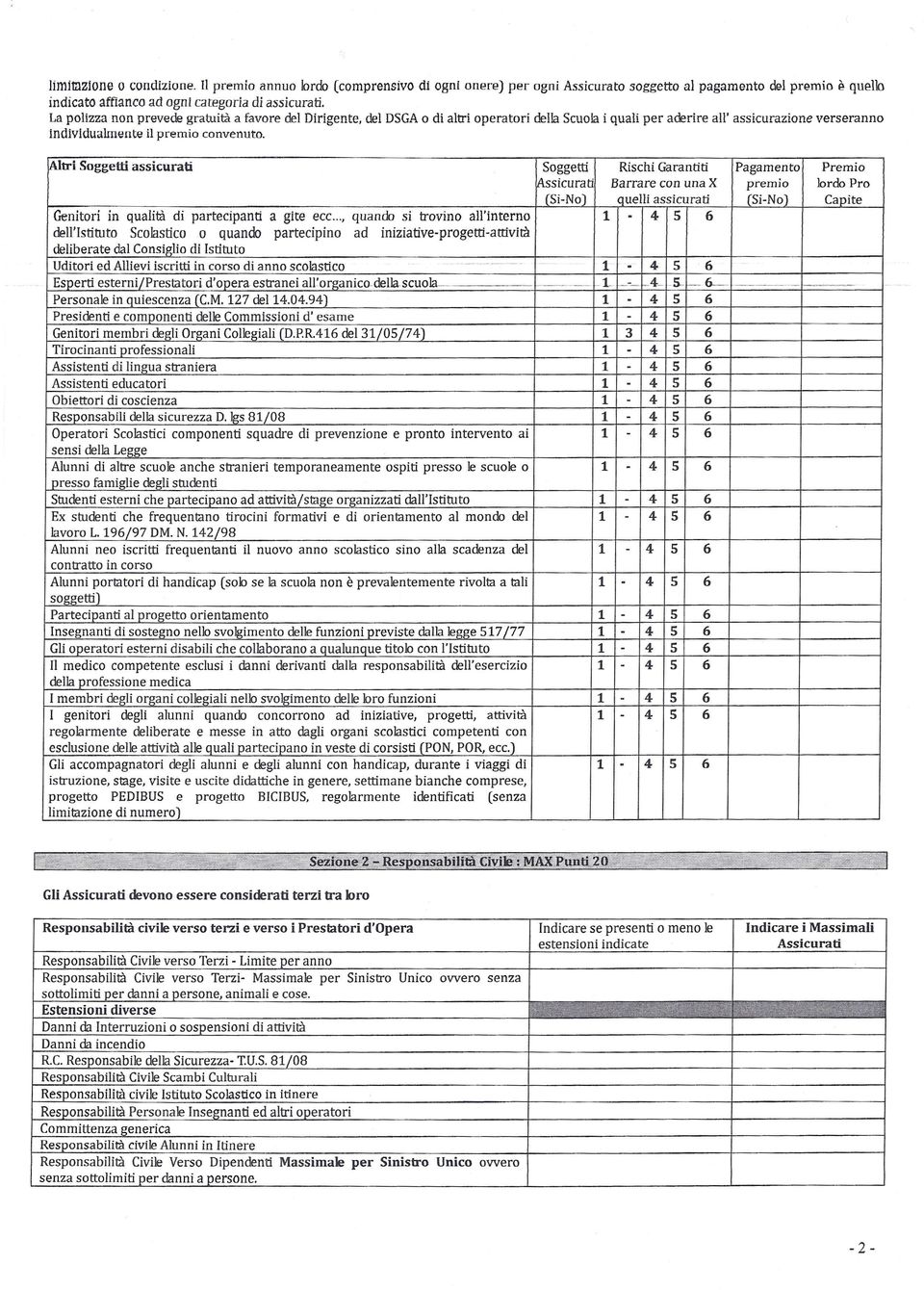 IAltriSoggetti assicurati Soggetti Rischi Garantiti Pagamento Premio f\ssicurati Barrare con una X premio lordo Pro (-) quelli assicurati (-) Capite Genitori in qualità di partecipanti a gite ecc.