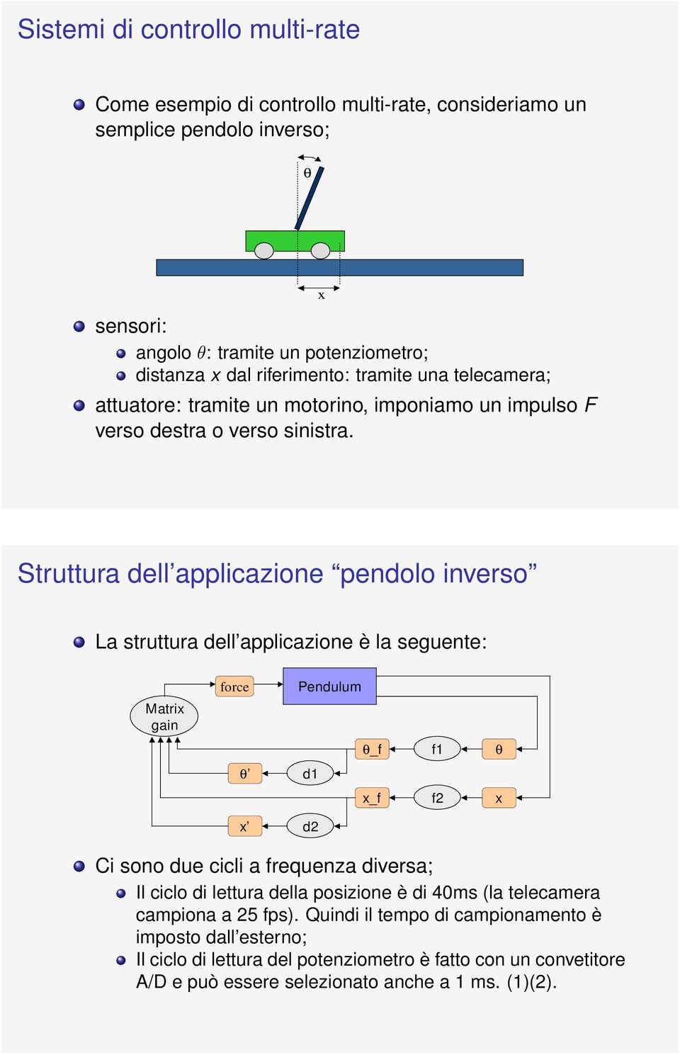 Struttura dell applicazione pendolo inverso La struttura dell applicazione è la seguente: Matrix gain force Pendulum θ_f θ d1 x_f x d2 f1 f2 θ x Ci sono due cicli a frequenza diversa;