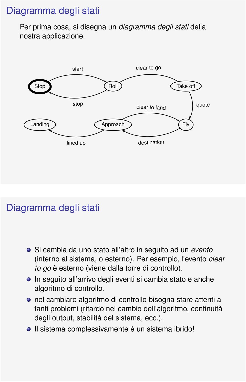 un evento (interno al sistema, o esterno). Per esempio, l evento clear to go è esterno (viene dalla torre di controllo).