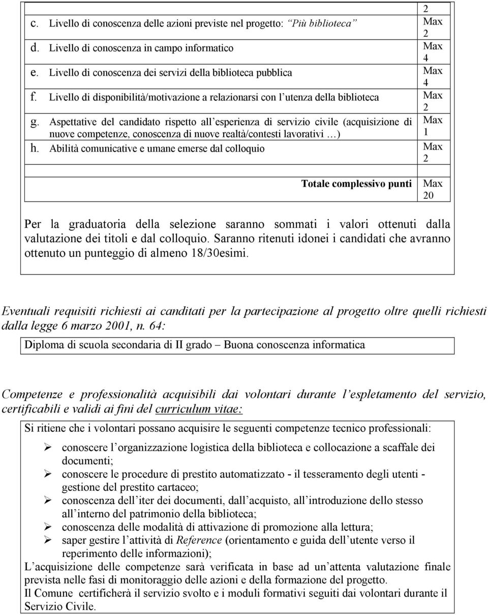 Aspettative del candidato rispetto all esperienza di servizio civile (acquisizione di nuove competenze, conoscenza di nuove realtà/contesti lavorativi ) h.