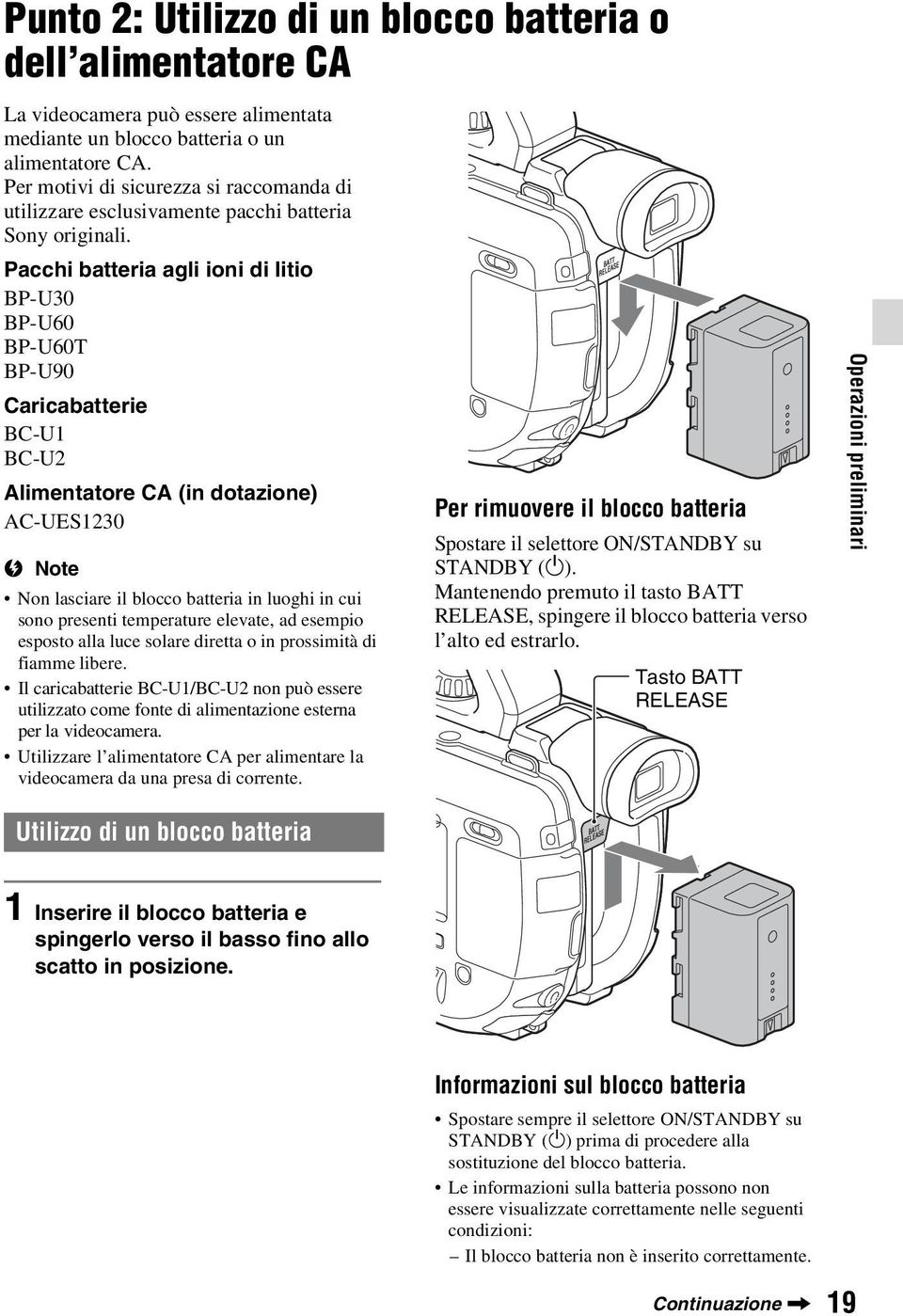 Pacchi batteria agli ioni di litio BP-U30 BP-U60 BP-U60T BP-U90 Caricabatterie BC-U1 BC-U2 Alimentatore CA (in dotazione) AC-UES1230 b Note Non lasciare il blocco batteria in luoghi in cui sono