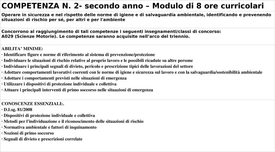 e per l'ambiente A029 (Scienze Motorie). Le competenze saranno acquisite nell arco del triennio.