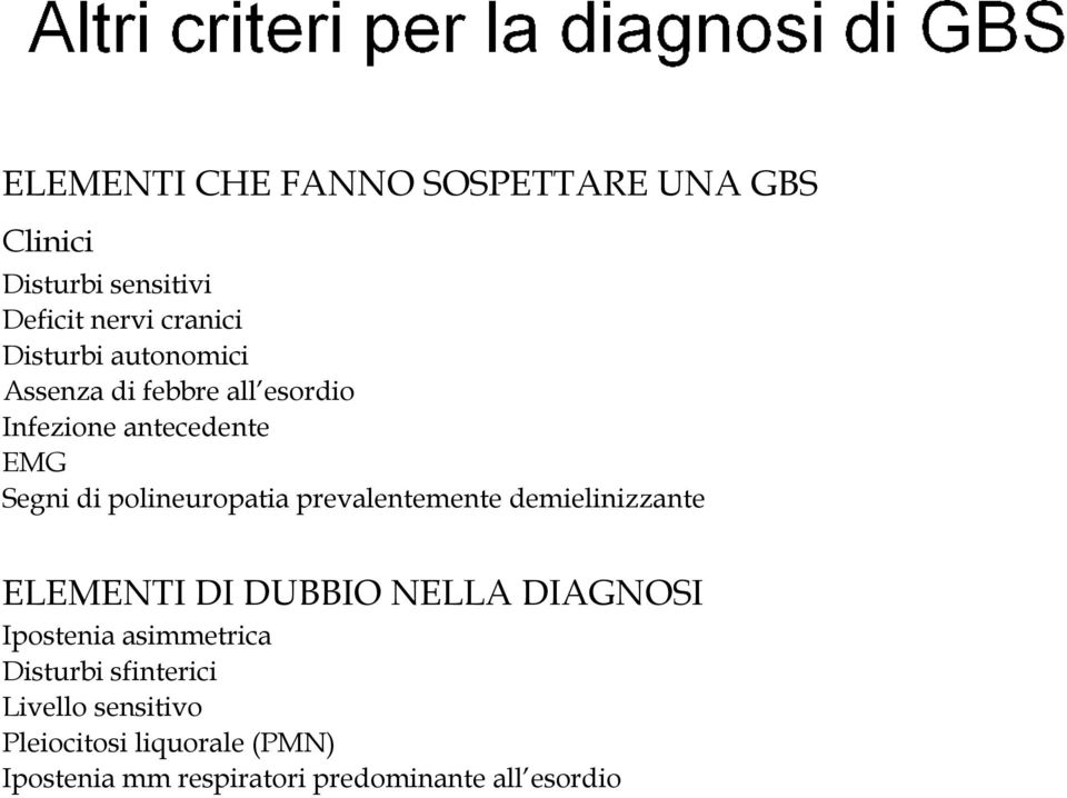 prevalentemente demielinizzante ELEMENTI DI DUBBIO NELLA DIAGNOSI Ipostenia asimmetrica Disturbi