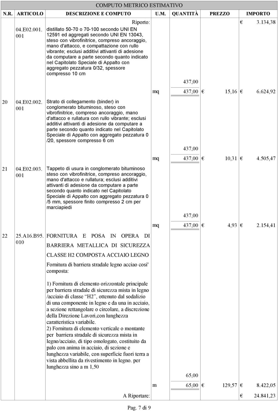 additivi attivanti di adesione da computare a parte secondo quanto indicato nel Capitolato Speciale di Appalto con aggregato pezzatura 0/32, spessore compresso 10 cm 437,00 20 04.E02.002. 21 04.E02.003.