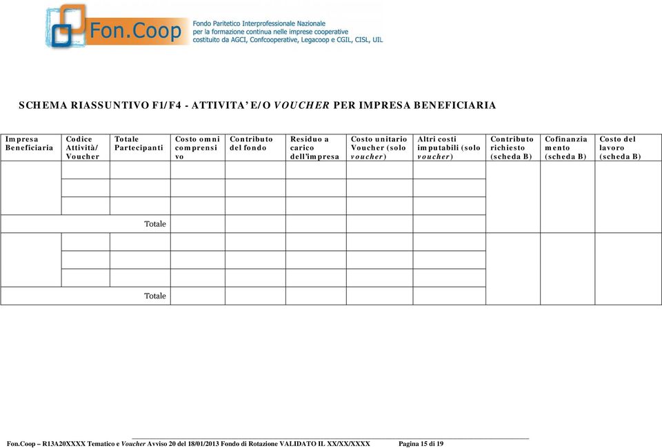 Altri costi imputabili (solo voucher) Contributo richiesto (scheda B) Cofinanzia mento (scheda B) Costo del lavoro (scheda B)