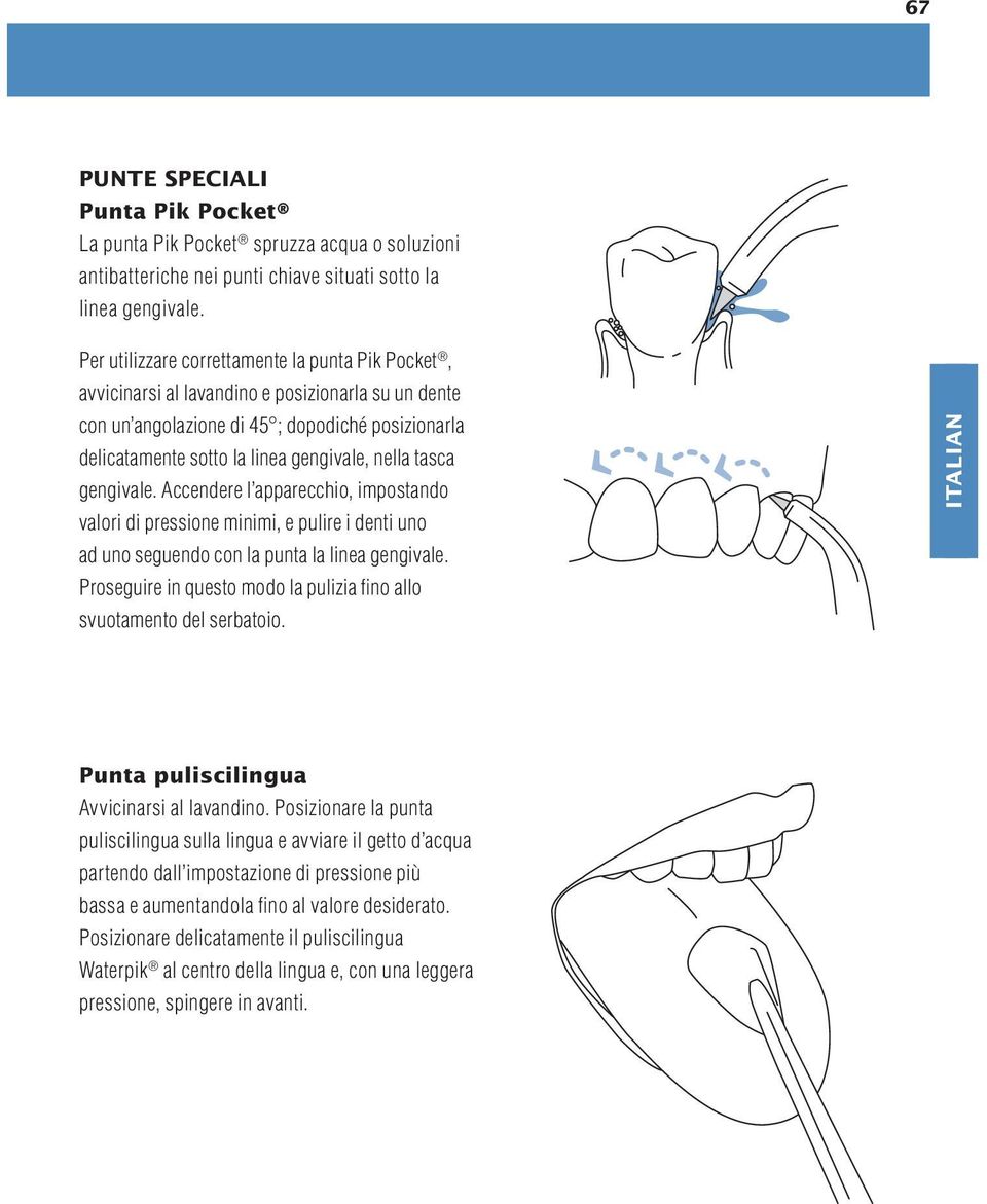 tasca gengivale. Accendere l apparecchio, impostando valori di pressione minimi, e pulire i denti uno ad uno seguendo con la punta la linea gengivale.