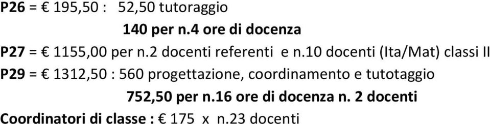 10 docenti (Ita/Mat) classi II P29 = 1312,50 : 560 progettazione,