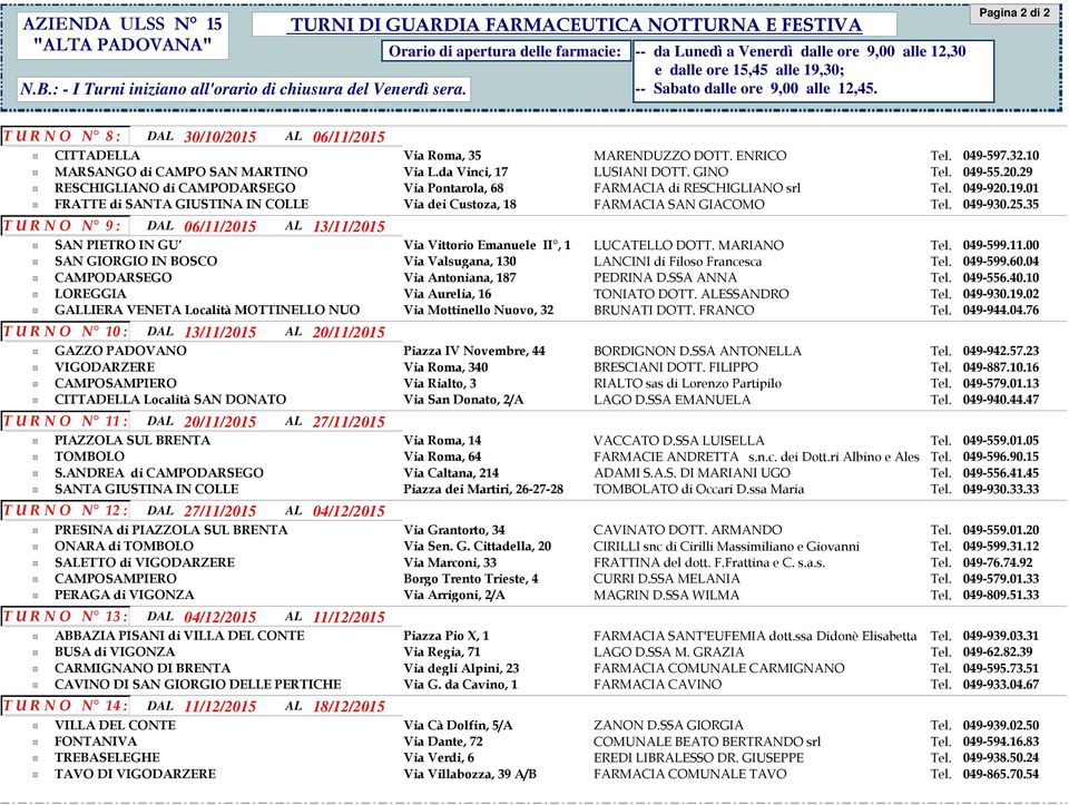 35 T U R N O N 9 : DAL 06/11/2015 AL 13/11/2015 SAN PIETRO IN GU Via Vittorio Emanuele II, 1 LUCATELLO DOTT. MARIANO Tel. 049-599.11.00 SAN GIORGIO IN BOSCO Via Valsugana, 130 LANCINI di Filoso Francesca Tel.