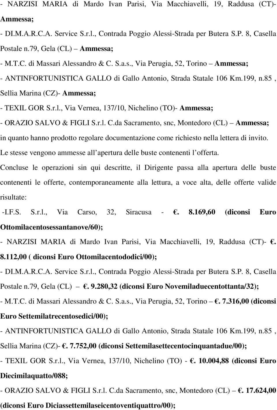 85, Sellia Marina (CZ)- Ammessa; - TEXIL GOR S.r.l., Via Vernea, 137/10, Nichelino (TO)- Ammessa; - ORAZIO SALVO & FIGLI S.r.l. C.