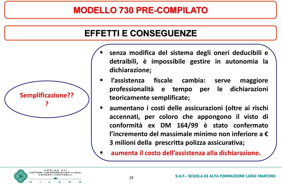 serve maggiore professionalità e tempo per le dichiarazioni teoricamente semplificate; aumentano i costi delle assicurazioni (oltre ai rischi accennati,