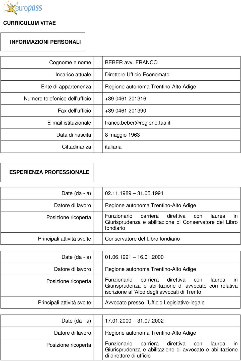 it Data di nascita 8 maggio 1963 Cittadinanza italiana ESPERIENZA PROFESSIONALE Date (da - a) 02.11.1989 31.05.