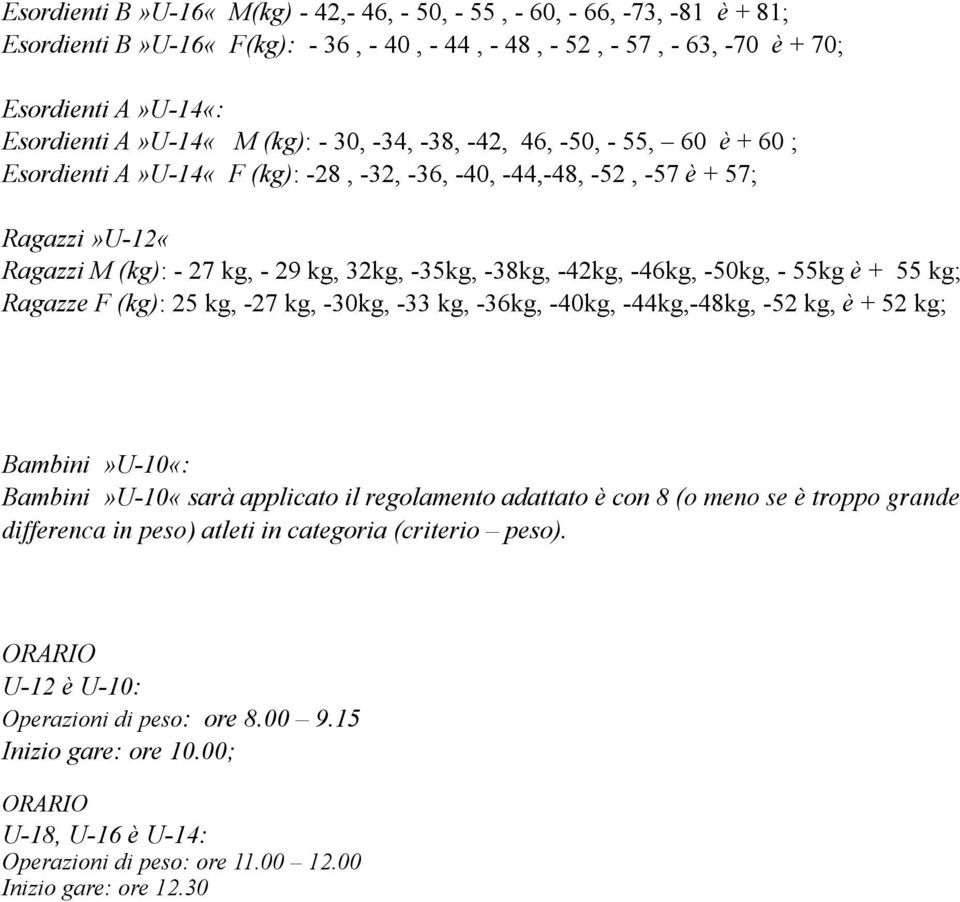 -46kg, -50kg, - 55kg è + 55 kg; Ragazze F (kg): 25 kg, -27 kg, -30kg, -33 kg, -36kg, -40kg, -44kg,-48kg, -52 kg, è + 52 kg; Bambini»U-10«: Bambini»U-10«sarà applicato il regolamento adattato è con 8