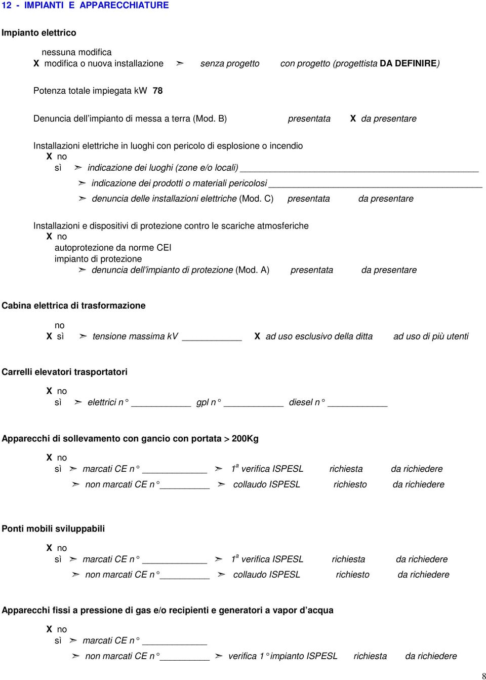 B) presentata X da presentare Installazioni elettriche in luoghi con pericolo di esplosione o incendio sì indicazione dei luoghi (zone e/o locali) indicazione dei prodotti o materiali pericolosi