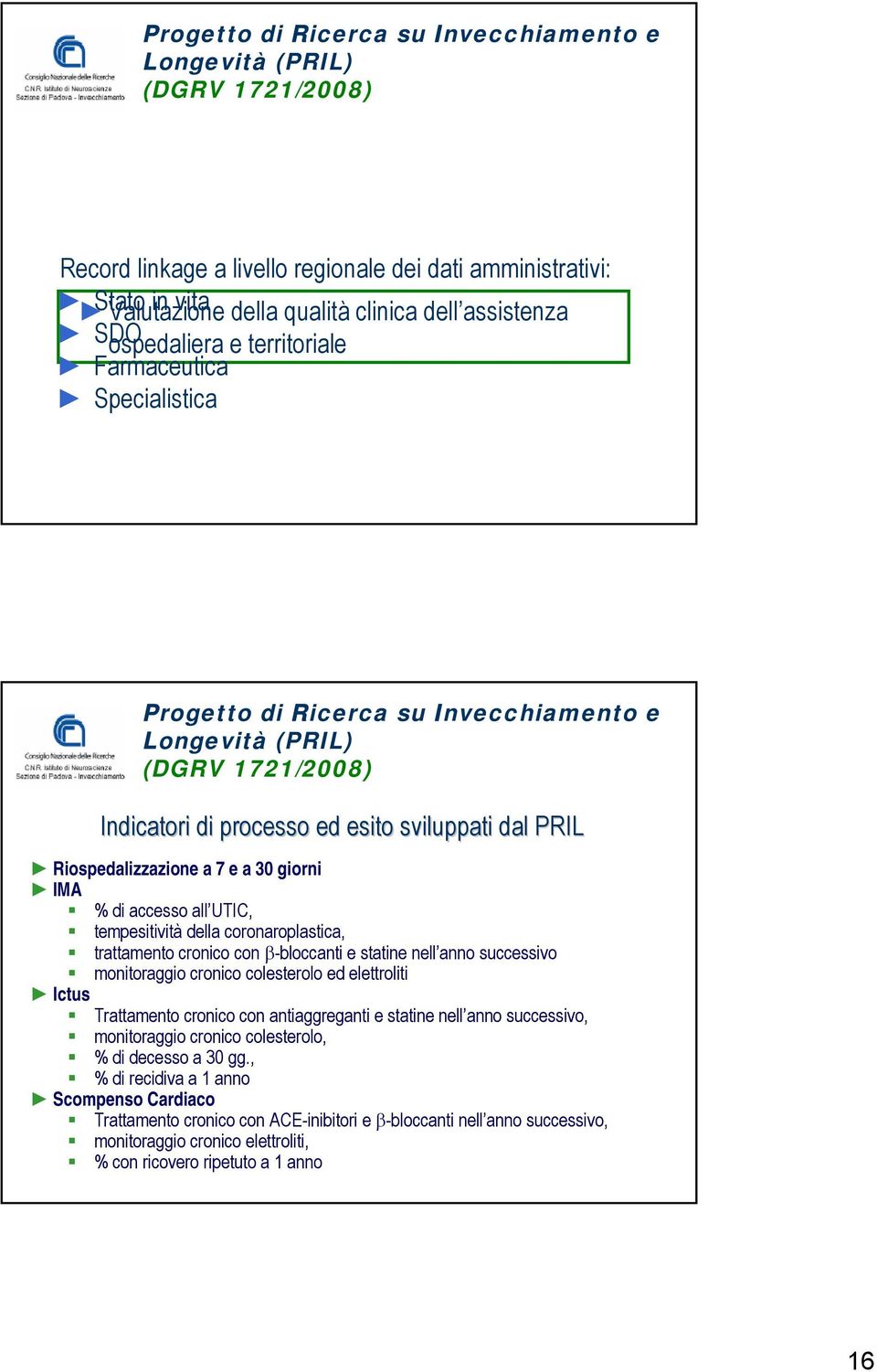 Riospedalizzazione a 7 e a 30 giorni IMA % di accesso all UTIC, tempesitività della coronaroplastica, trattamento cronico con β-bloccanti e statine nell anno successivo monitoraggio cronico