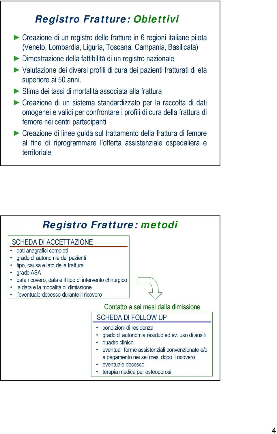 Stima dei tassi di mortalità associata alla frattura Creazione di un sistema standardizzato per la raccolta di dati omogenei e validi per confrontare i profili di cura della frattura di femore nei