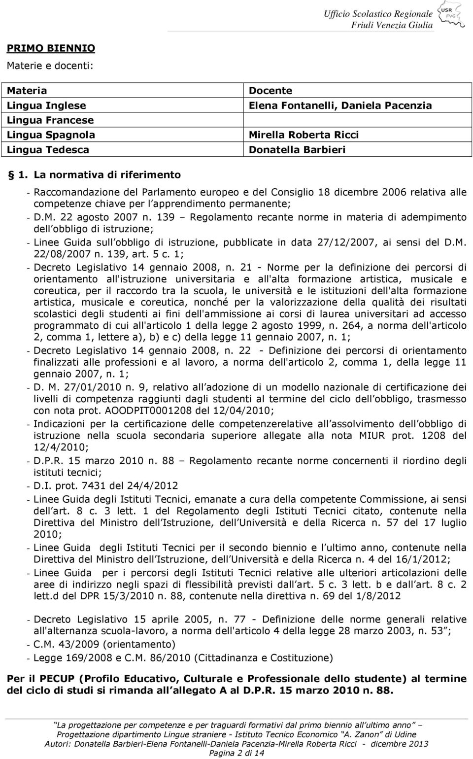 139 Regolamento recante norme in materia di adempimento dell obbligo di istruzione; - Linee Guida sull obbligo di istruzione, pubblicate in data 27/12/2007, ai sensi del D.M. 22/08/2007 n. 139, art.