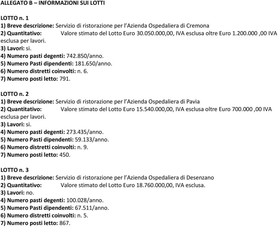 LOTTO n. 2 1) Breve descrizione: Servizio di ristorazione per l Azienda Ospedaliera di Pavia 2) Quantitativo: Valore stimato del Lotto Euro 15.540.000,00, IVA esclusa oltre Euro 700.