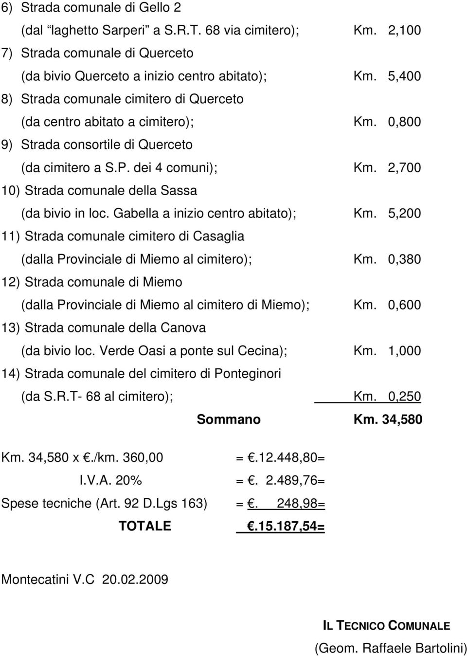 2,700 10) Strada comunale della Sassa (da bivio in loc. Gabella a inizio centro abitato); Km. 5,200 11) Strada comunale cimitero di Casaglia (dalla Provinciale di Miemo al cimitero); Km.