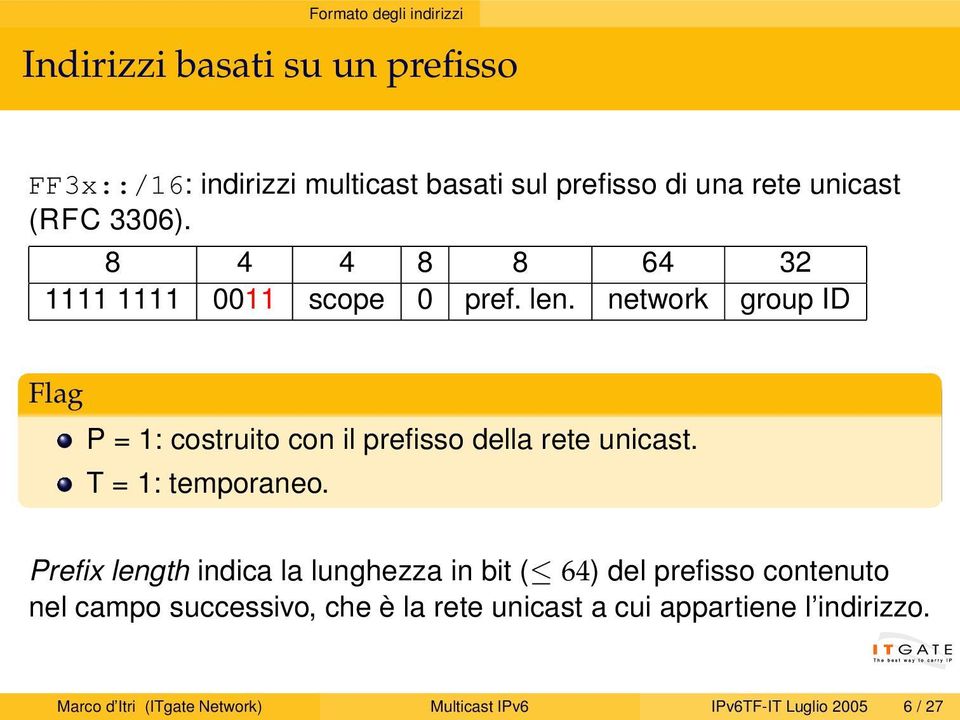 network group ID Flag P = 1: costruito con il prefisso della rete unicast. T = 1: temporaneo.