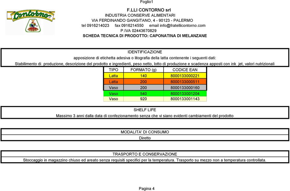 8000133000160 Vaso 540 8000133001204 Vaso 920 8000133001143 SHELF LIFE Massimo 3 anni dalla data di confezionamento senza che vi siano evidenti cambiamenti del prodotto