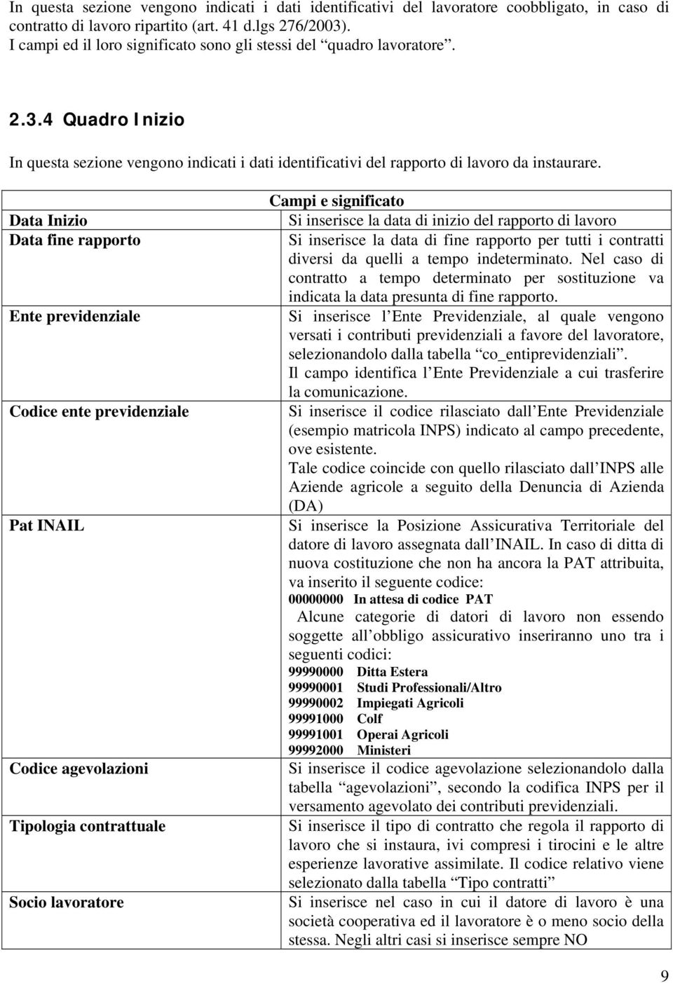 Data Inizio Data fine rapporto Ente previdenziale Codice ente previdenziale Pat INAIL Codice agevolazioni Tipologia contrattuale Socio lavoratore Si inserisce la data di inizio del rapporto di lavoro